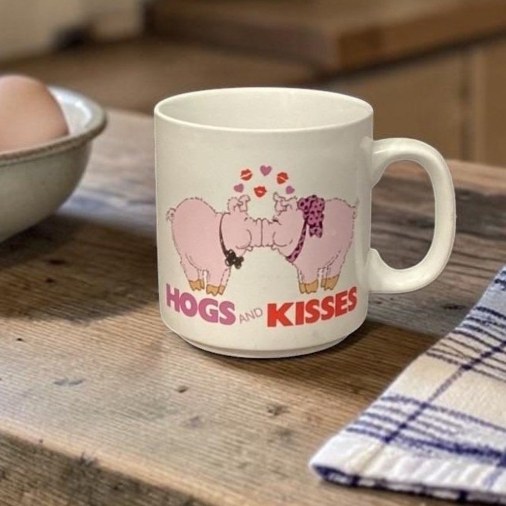 Hogs And Kisses Coffee Cup, Vintage Pig Design Novelty Mug Replacement Drinkware